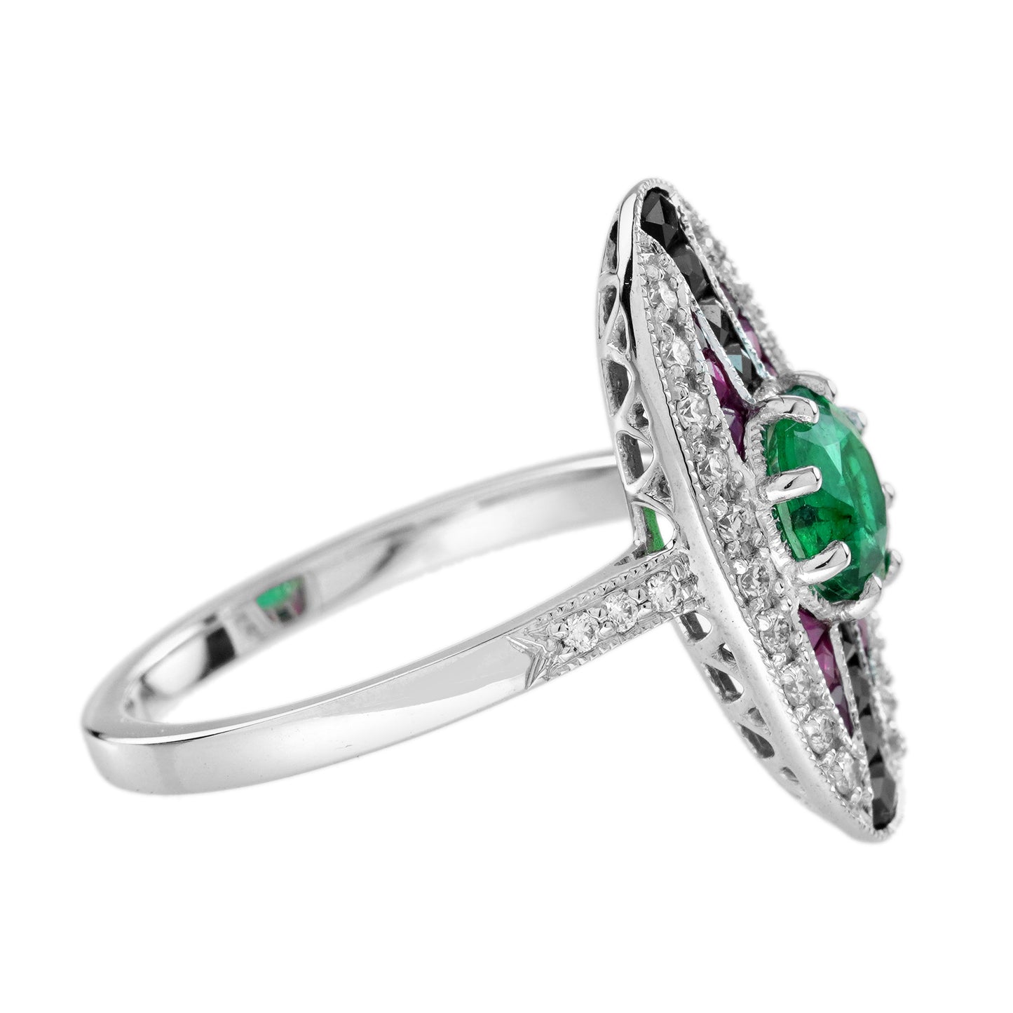 emerald & ruby onyx vintage inspired art deco style 18k white gold ring