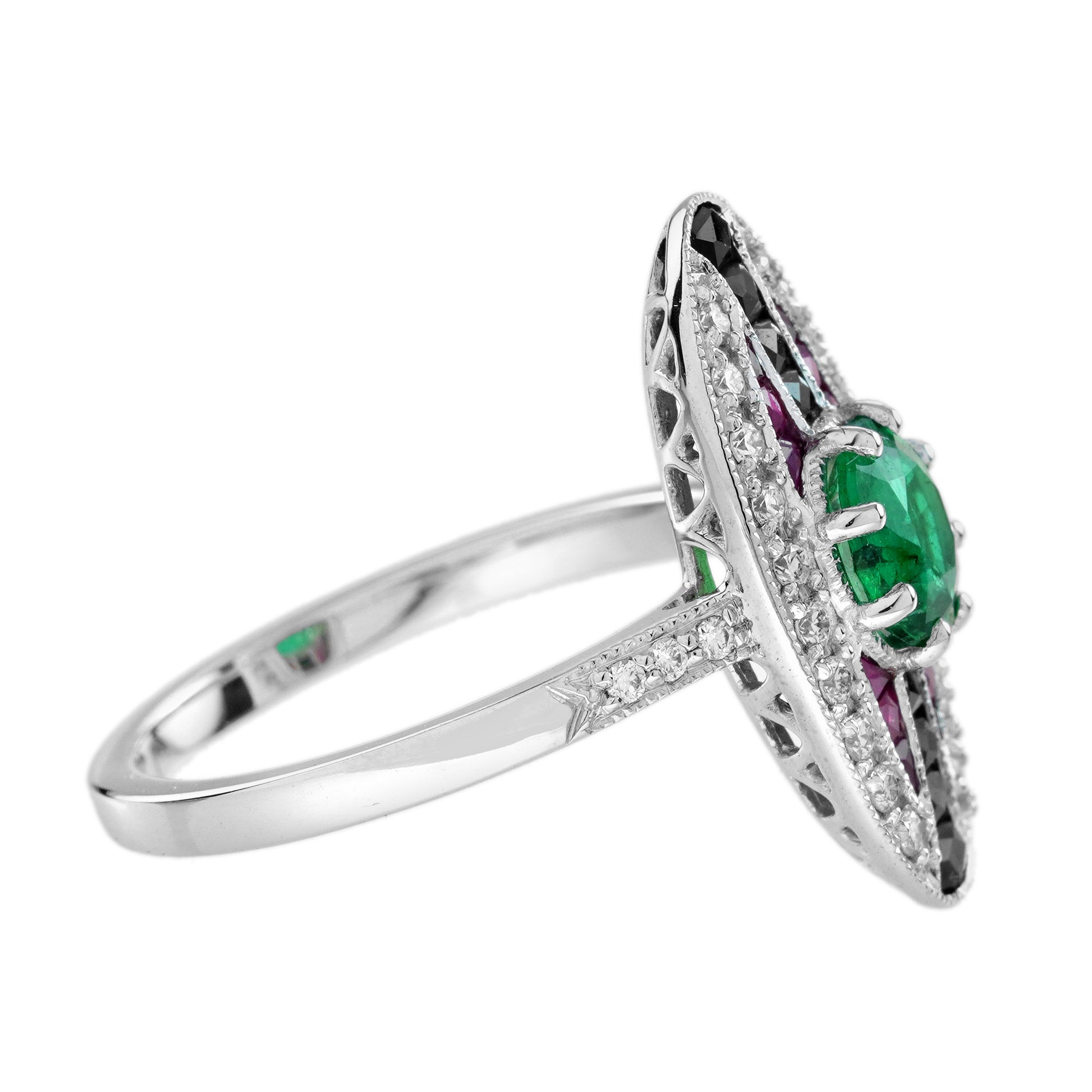 Emerald & Ruby Onyx Vintage Inspired Art Deco Style 18K White Gold Ring