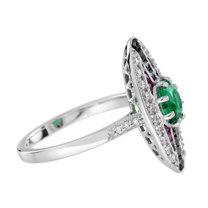 Emerald & Ruby Onyx Vintage Inspired Art Deco Style 18K White Gold Ring