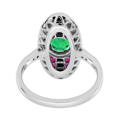 Emerald & Ruby Onyx Vintage Inspired Art Deco Style 18K White Gold Ring