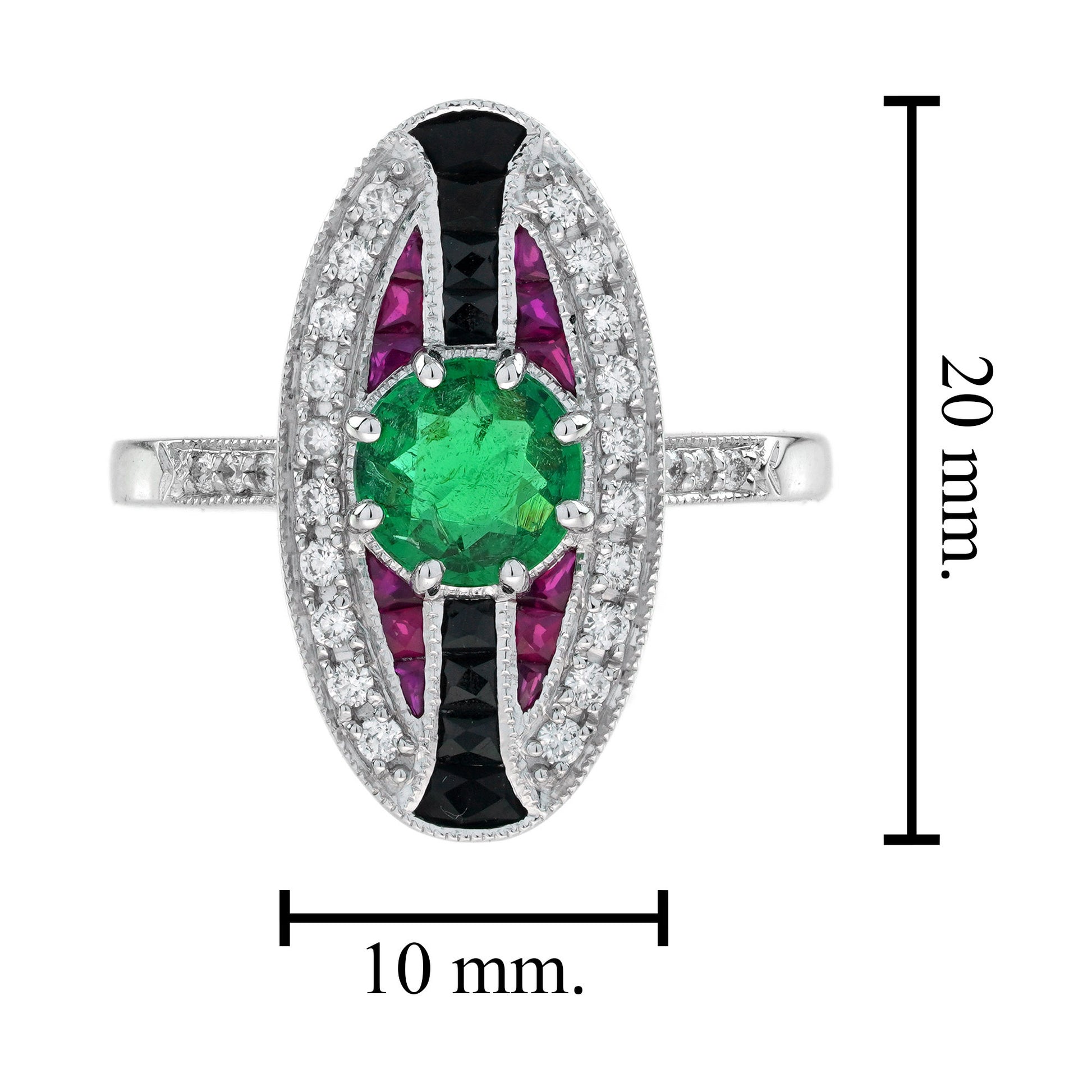 Emerald & Ruby Onyx Vintage Inspired Art Deco Style 18K White Gold Ring