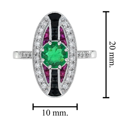 Emerald & Ruby Onyx Vintage Inspired Art Deco Style 18K White Gold Ring