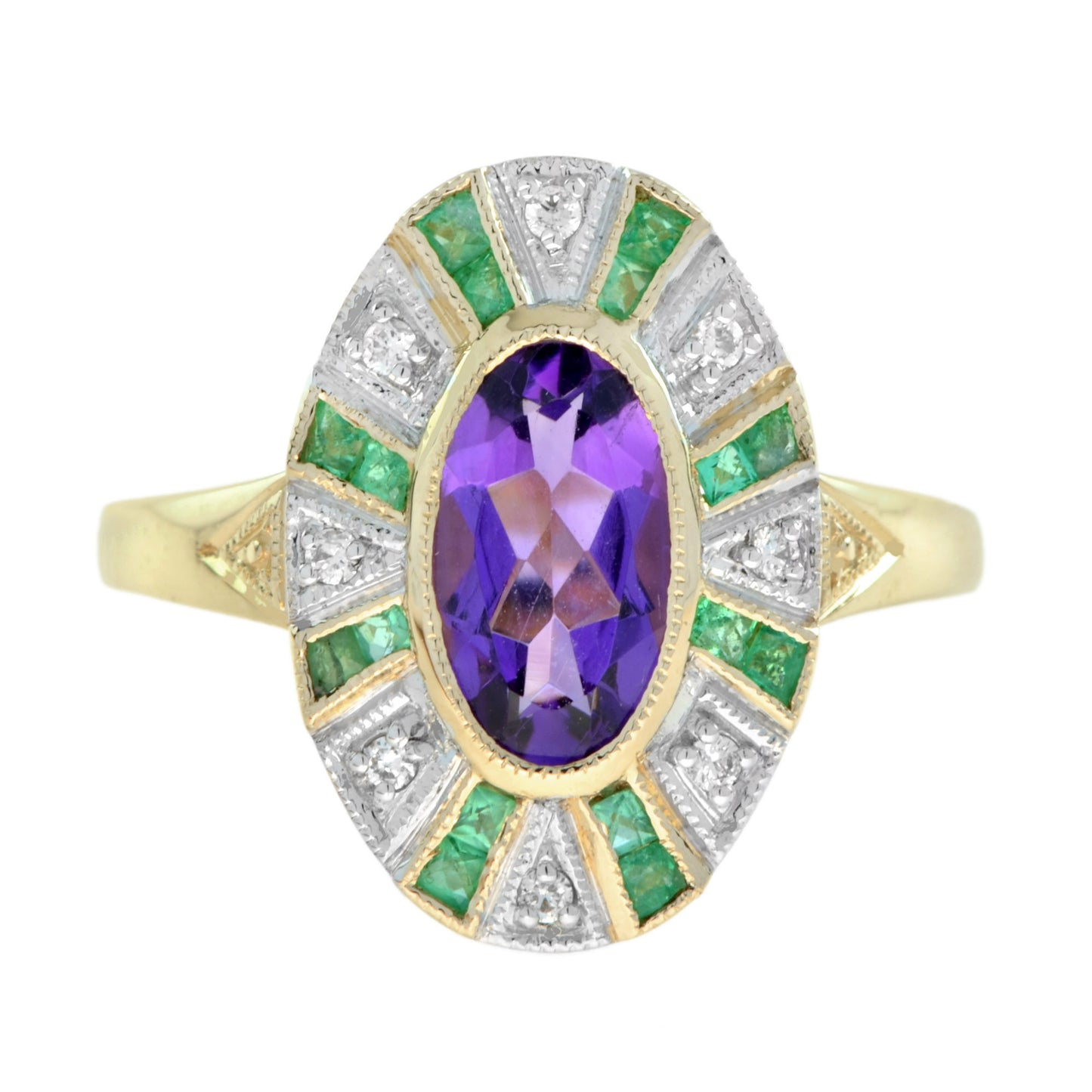 oval shape purple violet amethyst with green emerald & diamond cluster gold ring