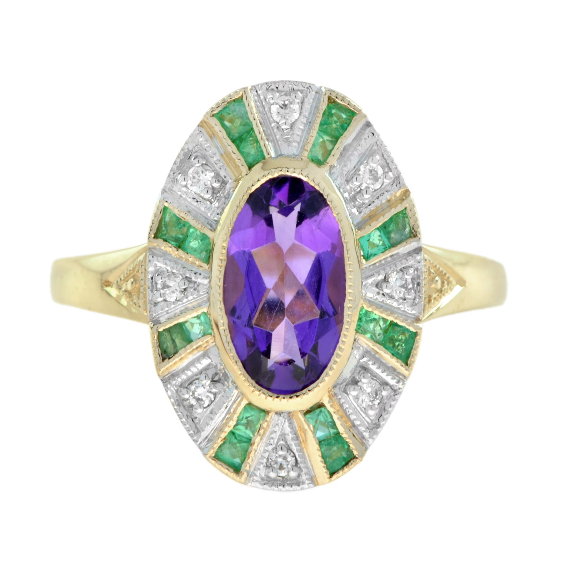 Oval Shape Purple Violet Amethyst with Green Emerald & Diamond Cluster Gold Ring