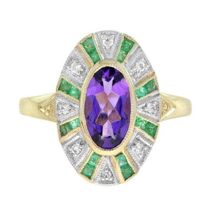 Oval Shape Purple Violet Amethyst with Green Emerald & Diamond Cluster Gold Ring