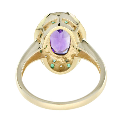 Oval Shape Purple Violet Amethyst with Green Emerald & Diamond Cluster Gold Ring