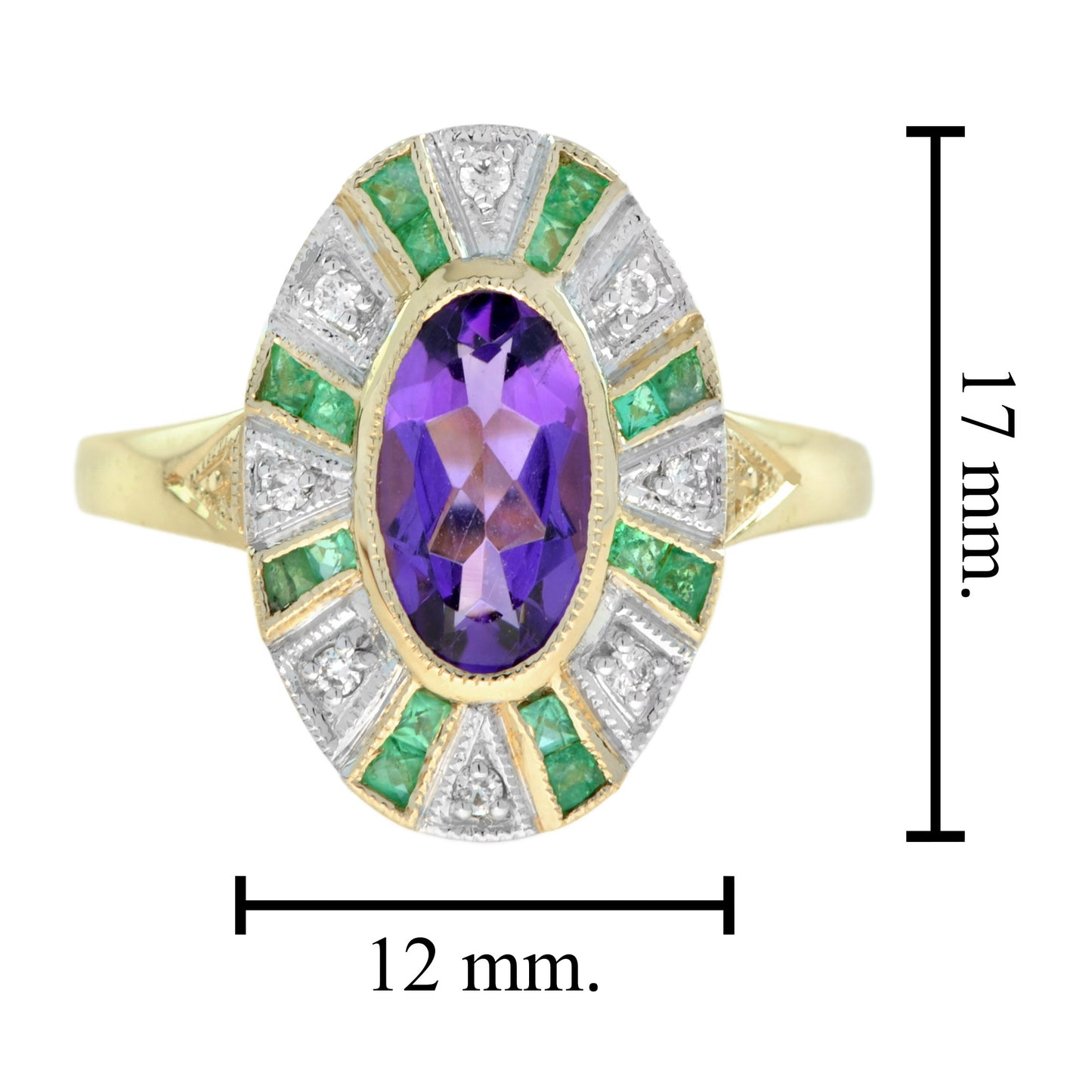 oval shape purple violet amethyst with green emerald & diamond cluster gold ring