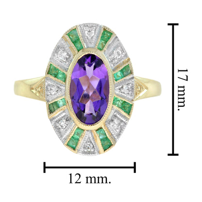 Oval Shape Purple Violet Amethyst with Green Emerald & Diamond Cluster Gold Ring
