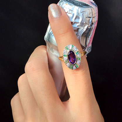 Oval Shape Purple Violet Amethyst with Green Emerald & Diamond Cluster Gold Ring