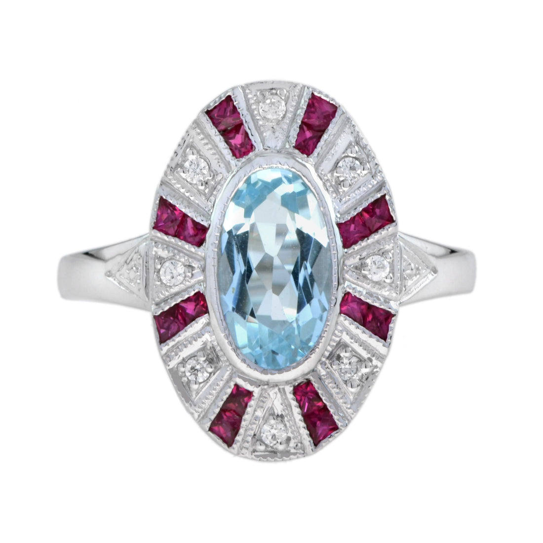 Oval Shape Blue Topaz & Ruby Diamond Halo Art Deco Style 14K White Gold Ring