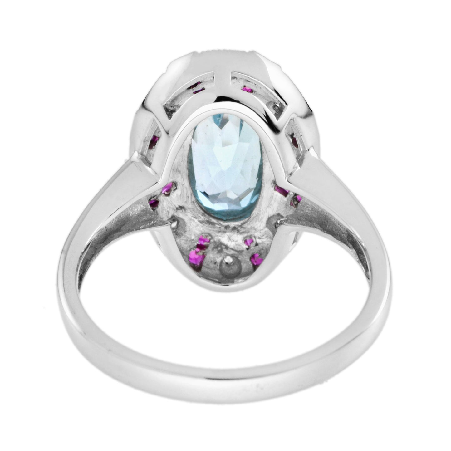 oval shape blue topaz & ruby diamond halo art deco style 14k white gold ring