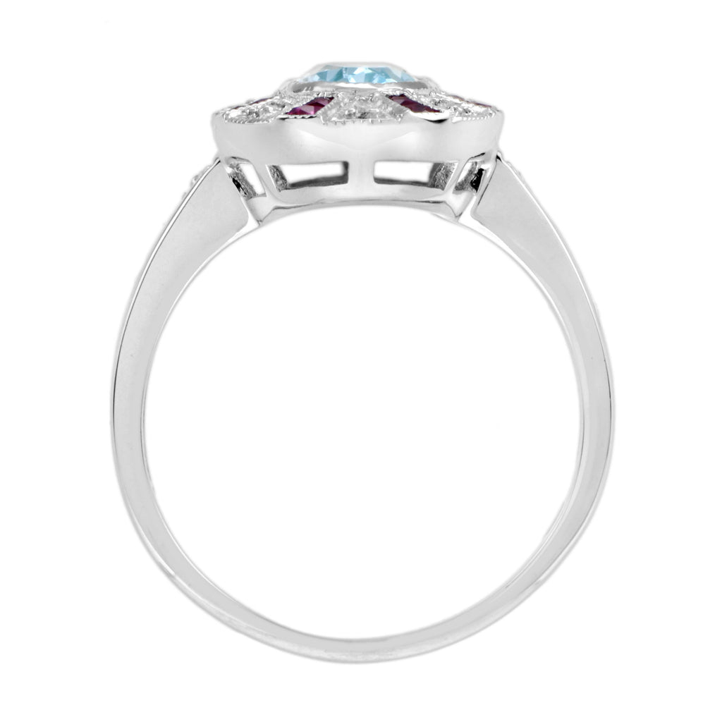 Oval Shape Blue Topaz & Ruby Diamond Halo Art Deco Style 14K White Gold Ring