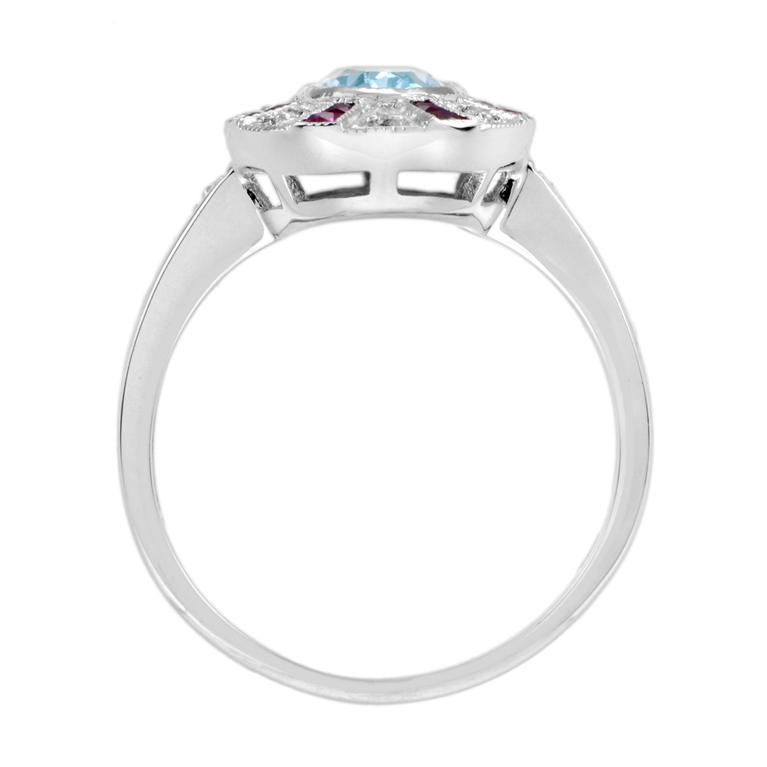 Oval Shape Blue Topaz &amp; Ruby Diamond Halo Art Deco Style 14K White Gold Ring