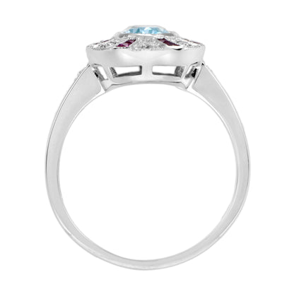 Oval Shape Blue Topaz & Ruby Diamond Halo Art Deco Style 14K White Gold Ring