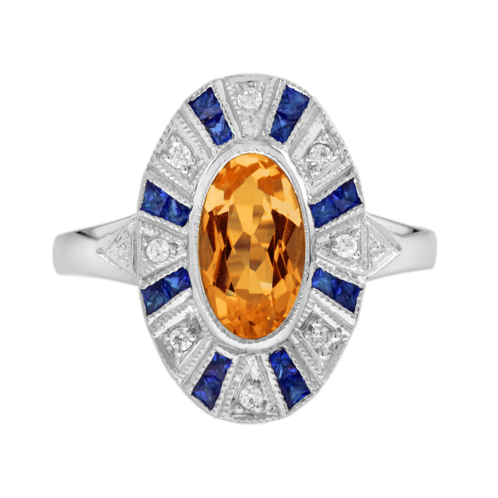 Oval Orange Citrine & Blue Sapphire Diamond Vintage Style White Gold Ring