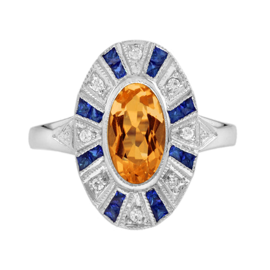 Oval Orange Citrine & Blue Sapphire Diamond Vintage Style White Gold Ring