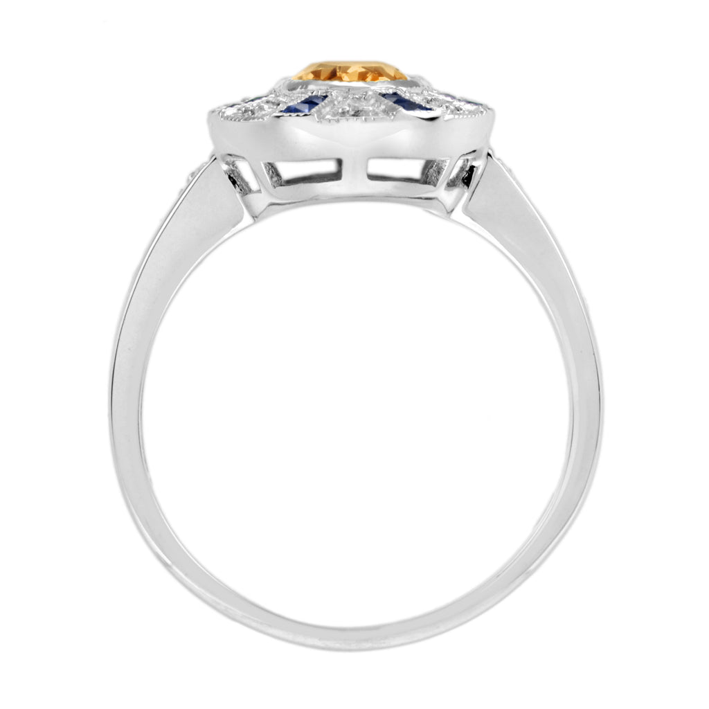 Oval Orange Citrine & Blue Sapphire Diamond Vintage Style White Gold Ring