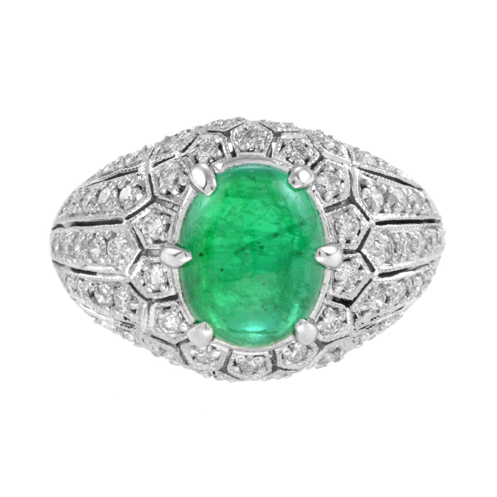 Oval Cabochon Green Emerald & Diamond Pave Set Dome 14K White Gold Ring