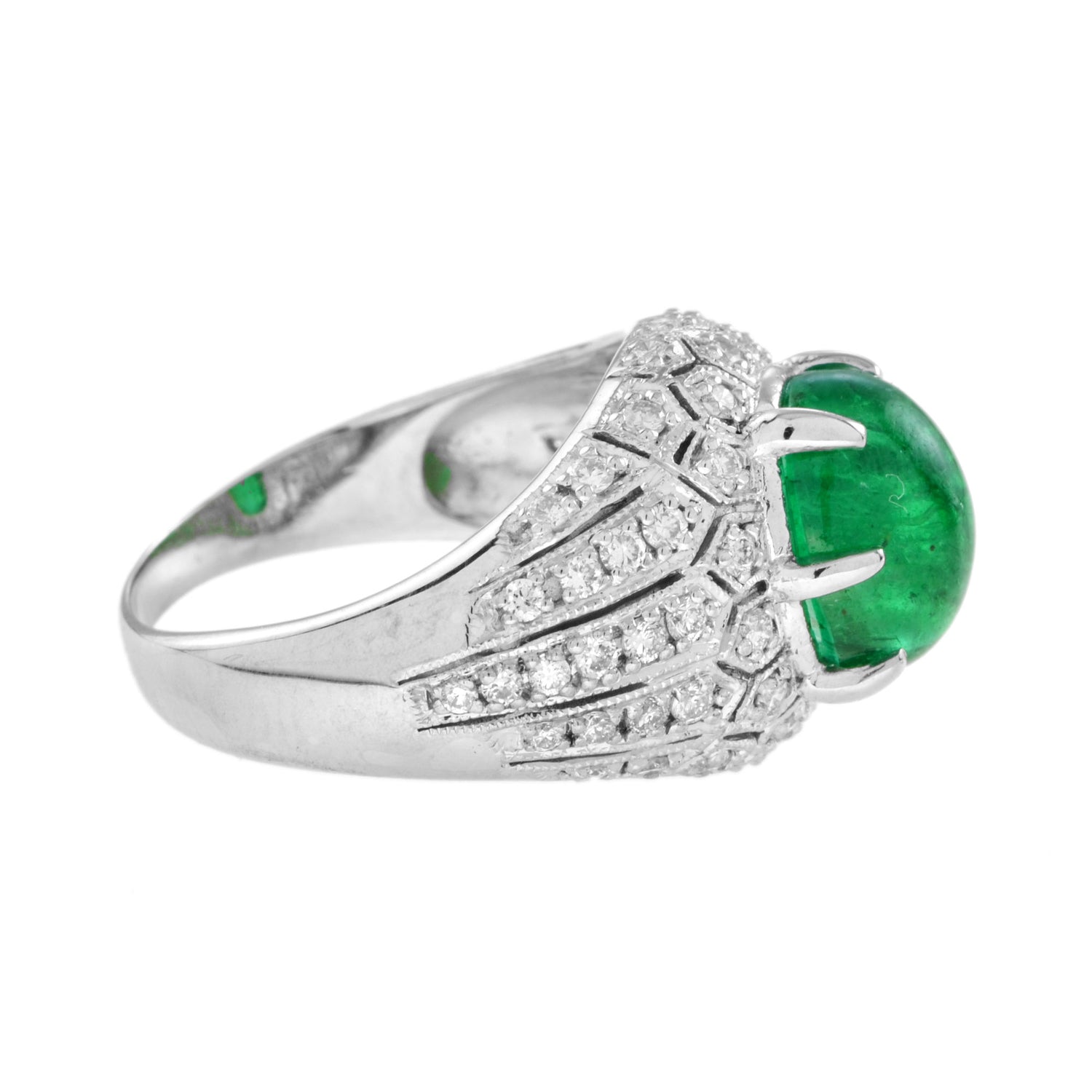 Oval Cabochon Green Emerald &amp; Diamond Pave Set Dome 14K White Gold Ring