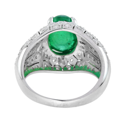 Oval Cabochon Green Emerald &amp; Diamond Pave Set Dome 14K White Gold Ring