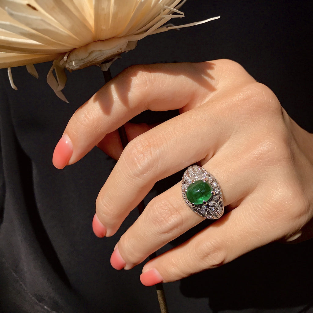 Oval Cabochon Green Emerald & Diamond Pave Set Dome 14K White Gold Ring