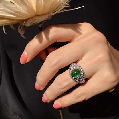 Oval Cabochon Green Emerald &amp; Diamond Pave Set Dome 14K White Gold Ring