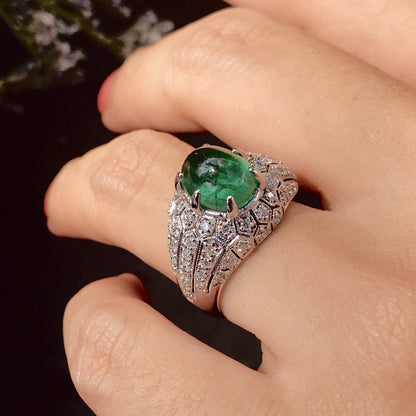 Oval Cabochon Green Emerald &amp; Diamond Pave Set Dome 14K White Gold Ring