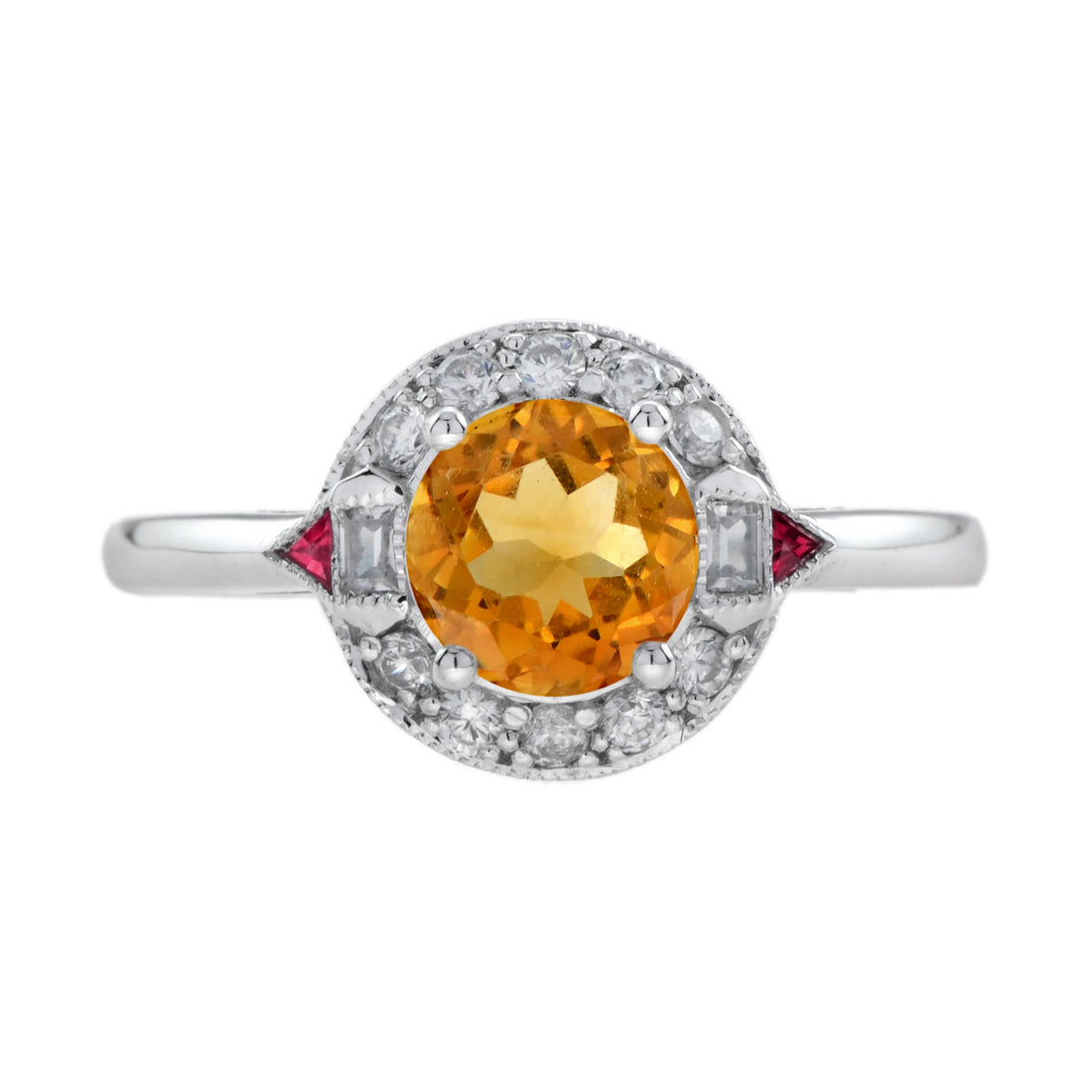 Orange Citrine Diamond & Red Ruby Art Deco Style Halo 14K White Gold Ring