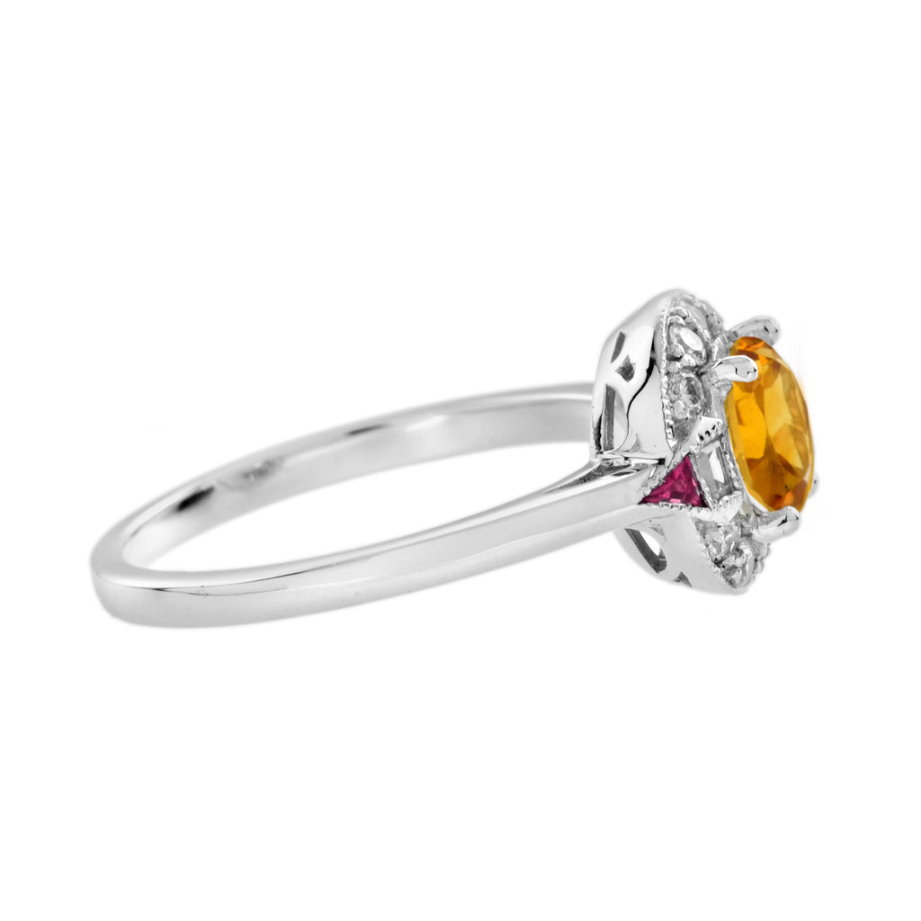 Orange Citrine Diamond & Red Ruby Art Deco Style Halo 14K White Gold Ring