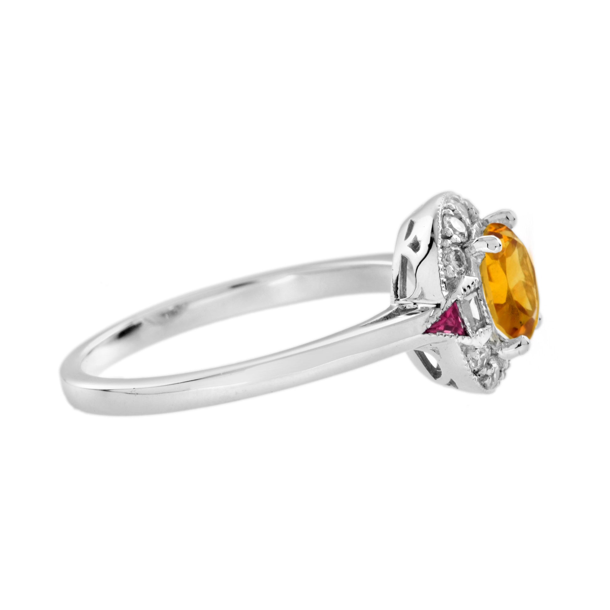 Orange Citrine Diamond & Red Ruby Art Deco Style Halo 14K White Gold Ring