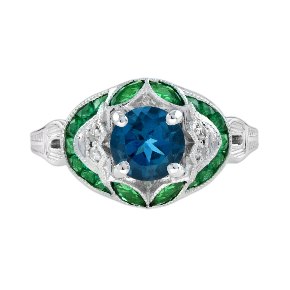 Round London Blue Topaz & Diamond Green Emerald Art Deco Style White Gold Ring
