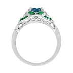 Round London Blue Topaz & Diamond Green Emerald Art Deco Style White Gold Ring