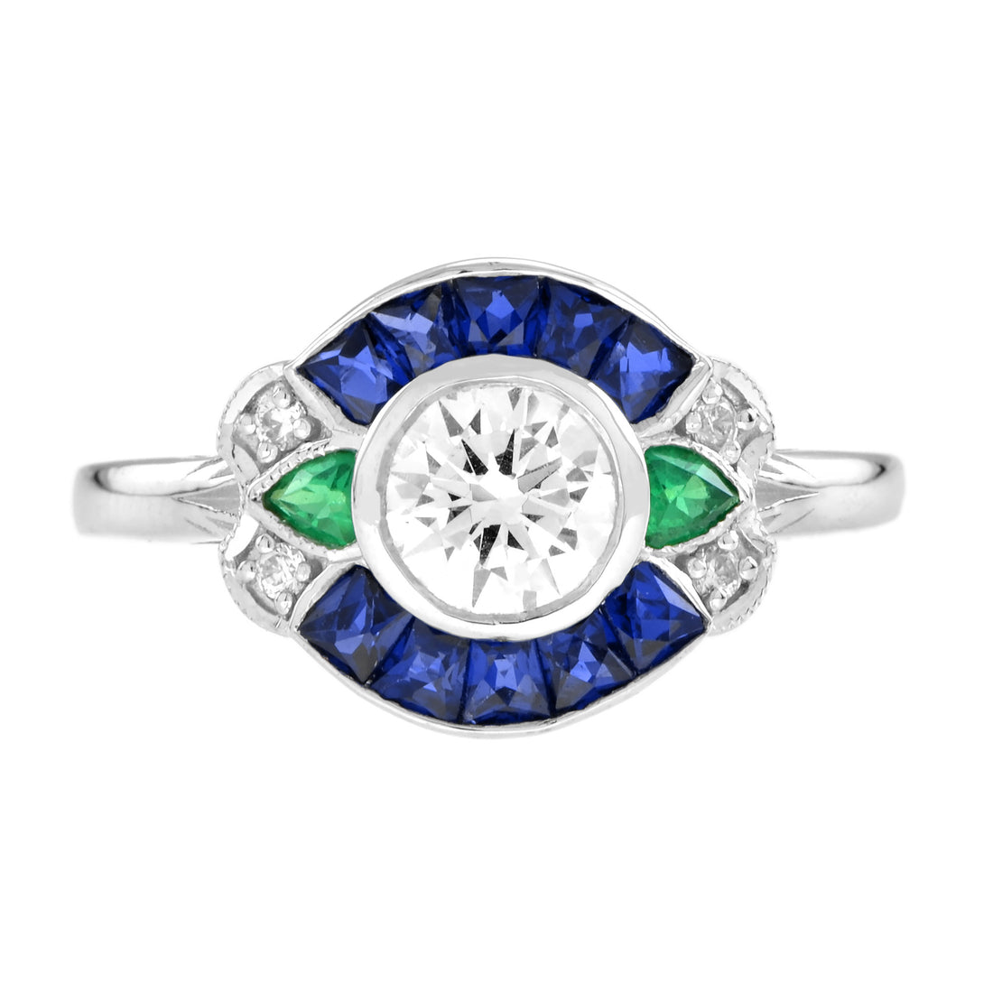 Round Diamond & Sapphire and Emerald Art Deco Style 18K White Gold Ring