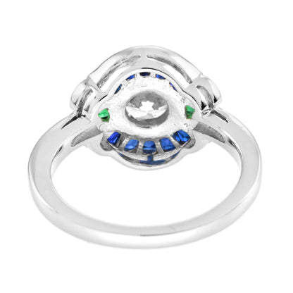 Round Diamond & Sapphire and Emerald Art Deco Style 18K White Gold Ring