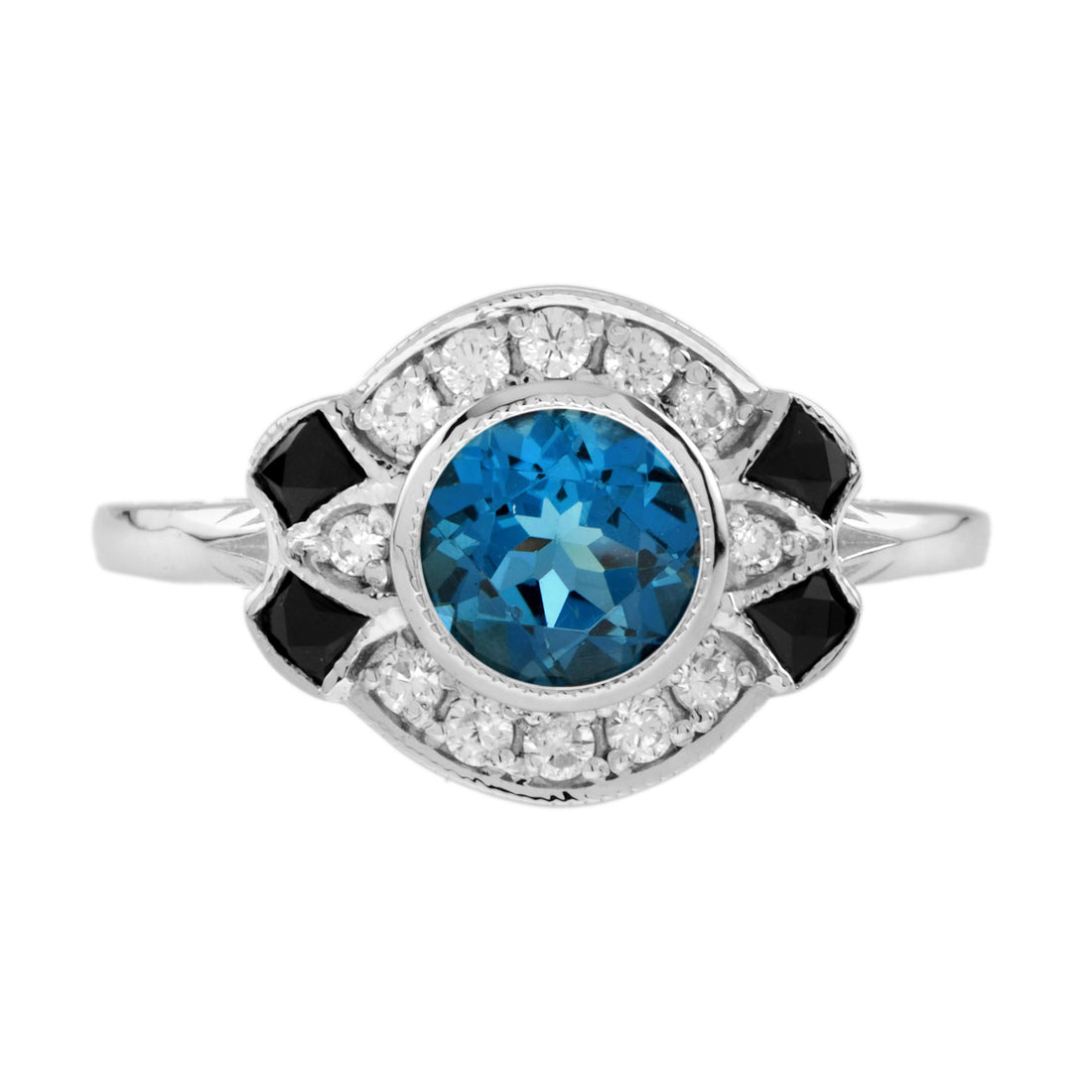 London Blue Topaz Diamond Black Onyx Art Deco Style 14K White Gold Ring