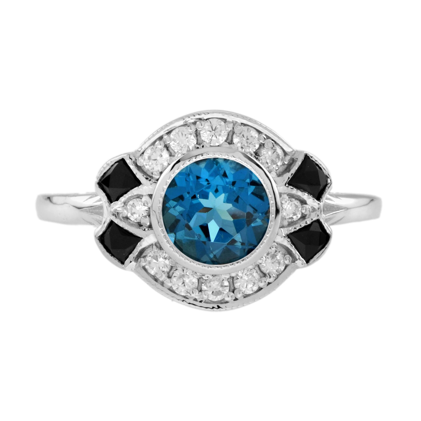 london blue topaz diamond black onyx art deco style 14k white gold ring