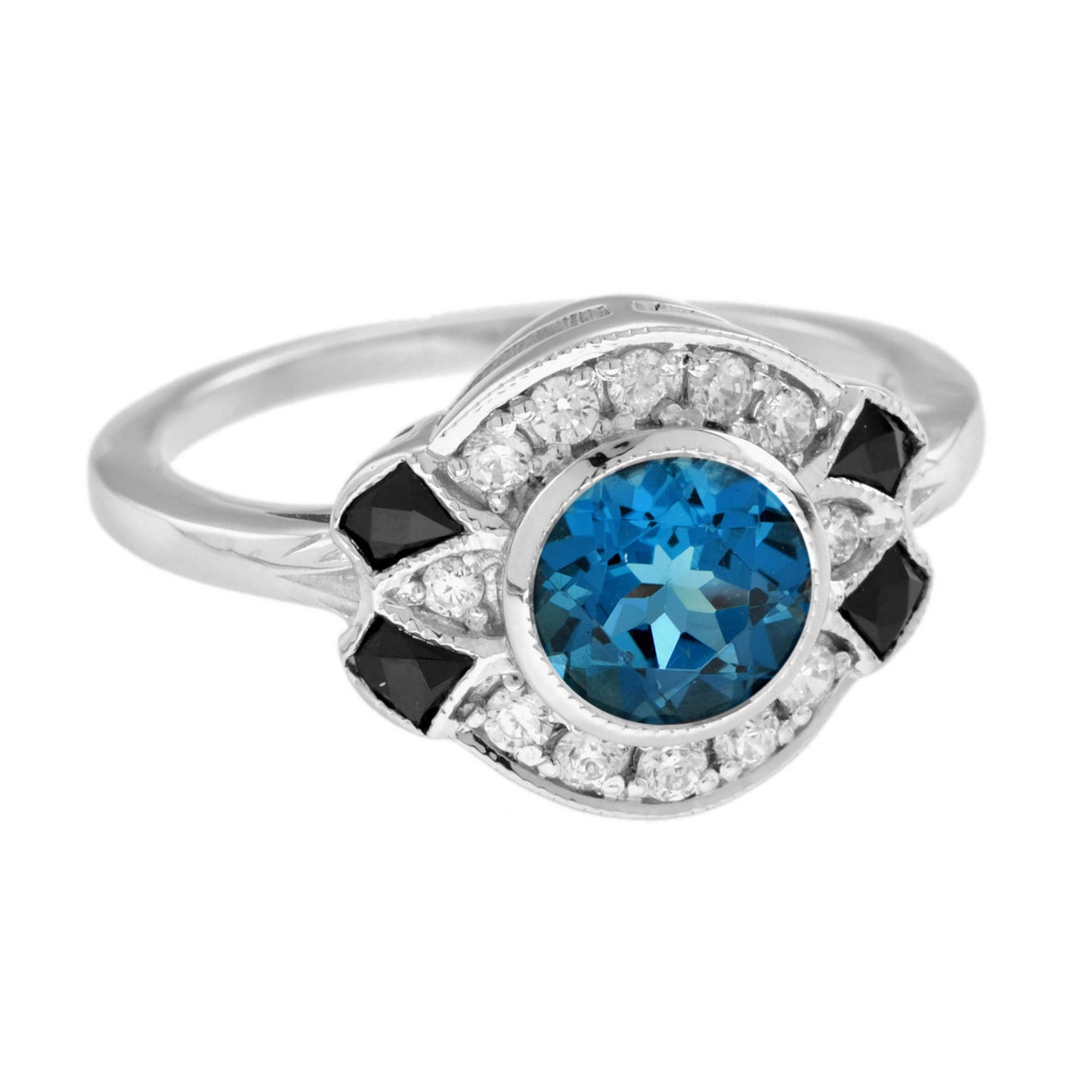 london blue topaz diamond black onyx art deco style 14k white gold ring