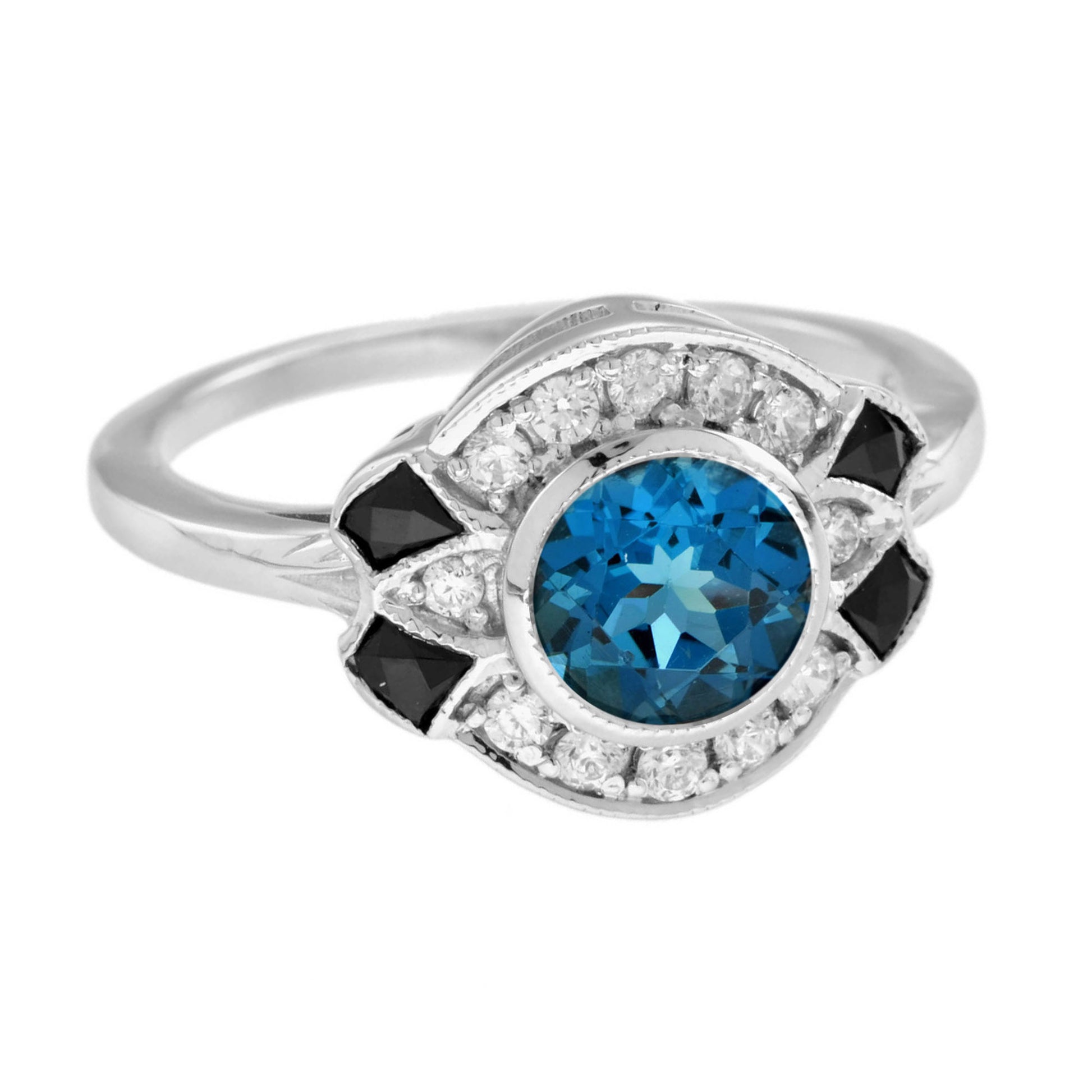 London Blue Topaz Diamond Black Onyx Art Deco Style 14K White Gold Ring