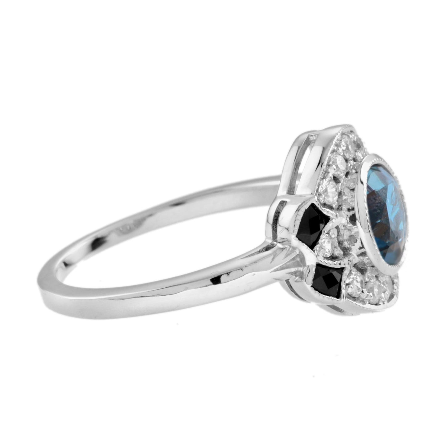 london blue topaz diamond black onyx art deco style 14k white gold ring