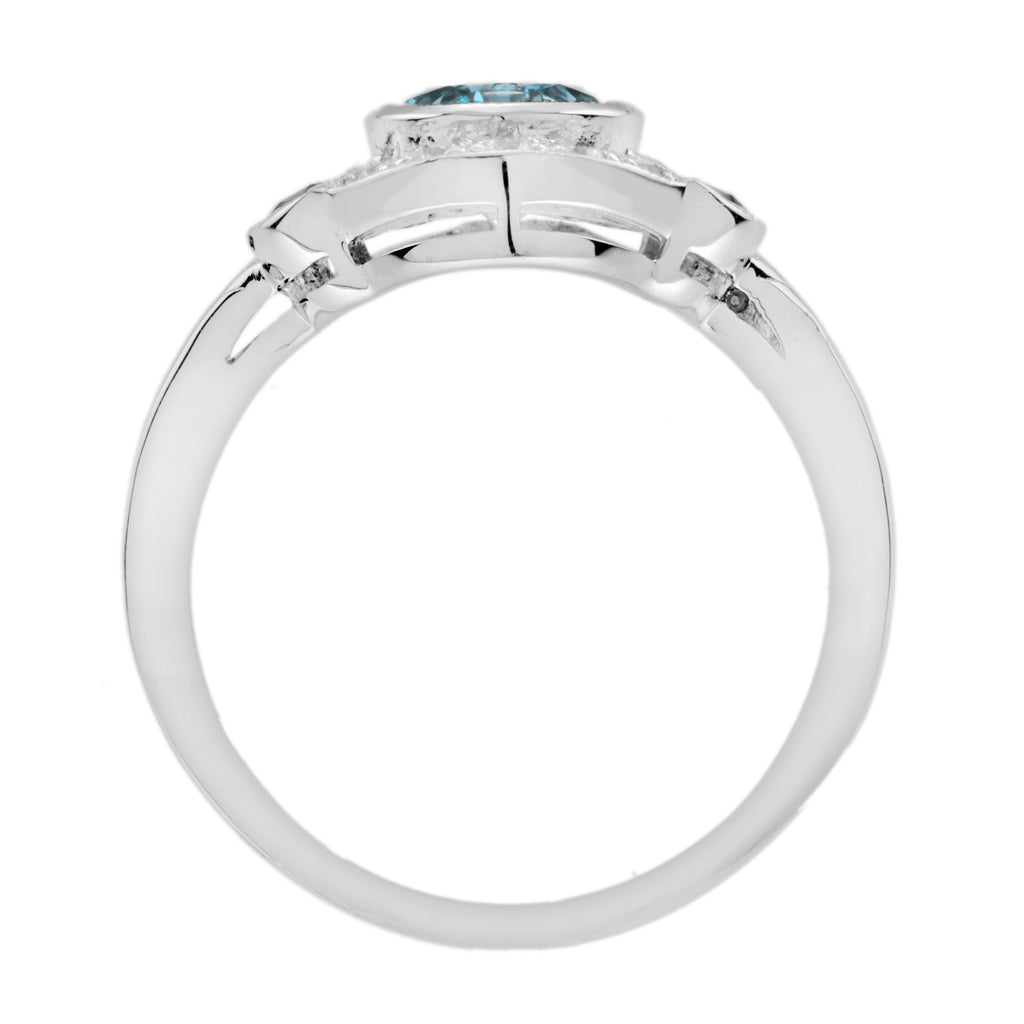 London Blue Topaz Diamond Black Onyx Art Deco Style 14K White Gold Ring