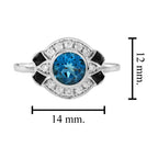 London Blue Topaz Diamond Black Onyx Art Deco Style 14K White Gold Ring