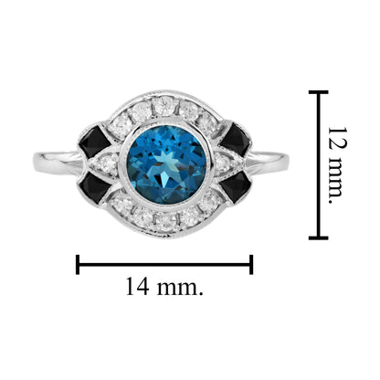 London Blue Topaz Diamond Black Onyx Art Deco Style 14K White Gold Ring