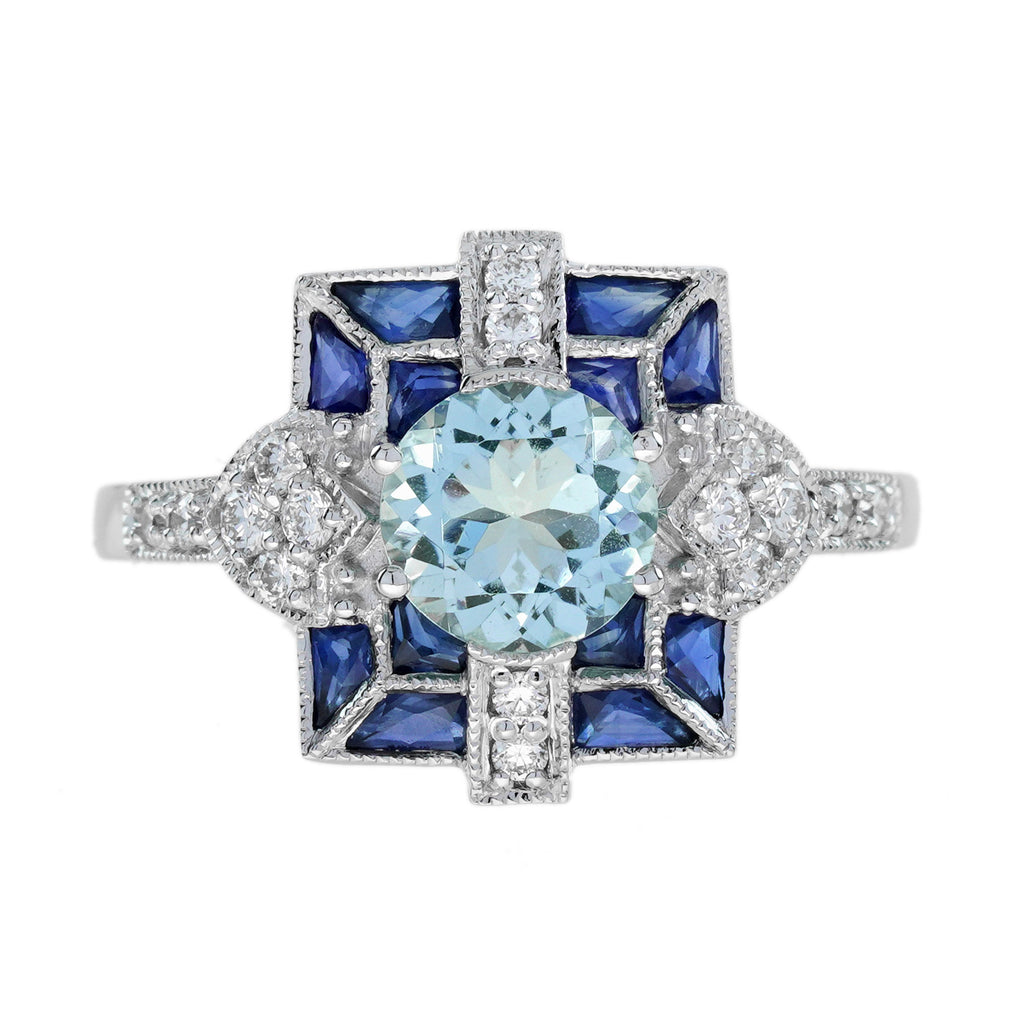 3.60 ctw Art Deco Style Blue Sapphire, Aquamarine & Diamond 14K White Gold Ring