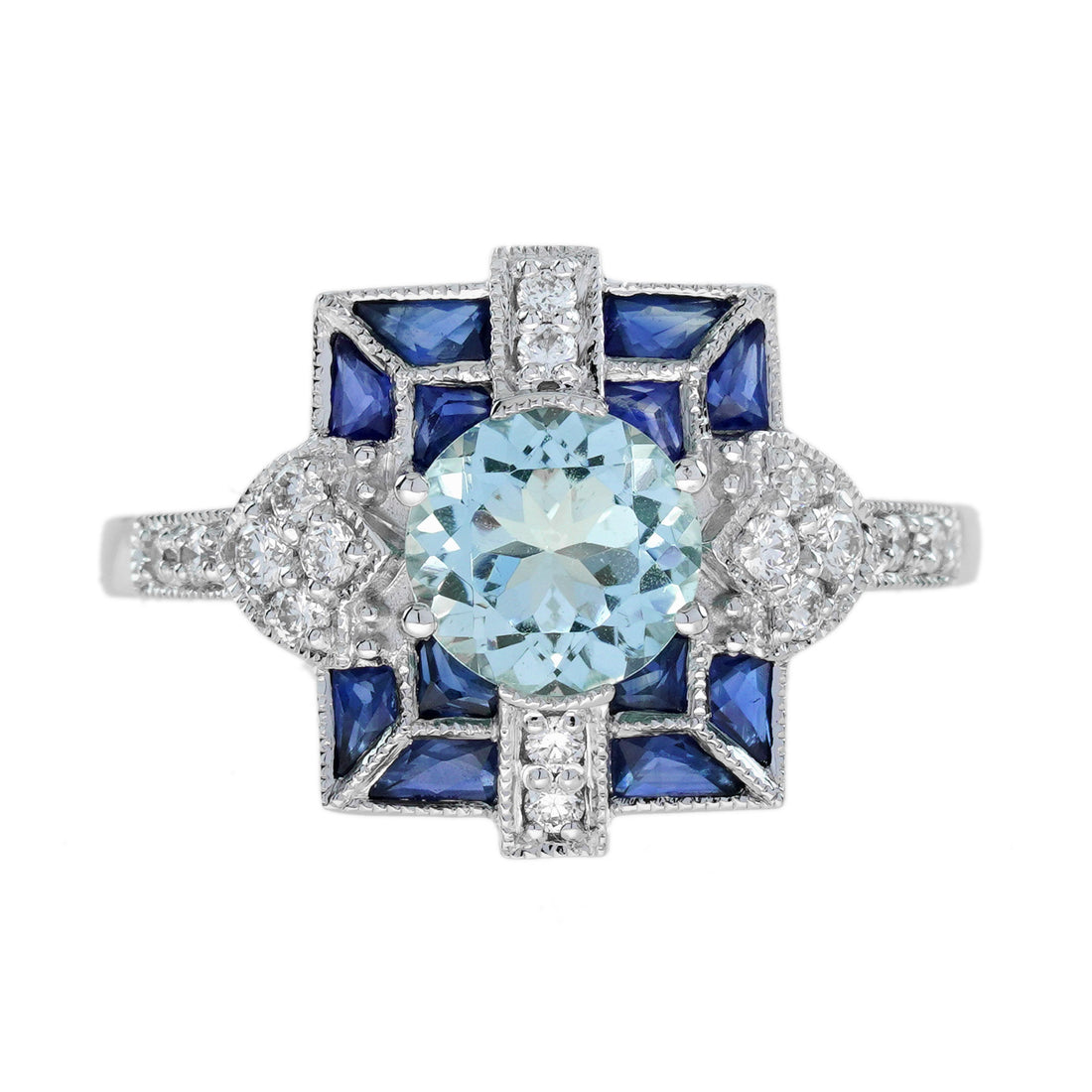 Blue Aquamarine &amp; Sapphire and Diamond Art Deco Style White Gold Ring