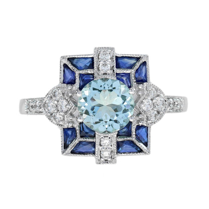 Blue Aquamarine &amp; Sapphire and Diamond Art Deco Style White Gold Ring