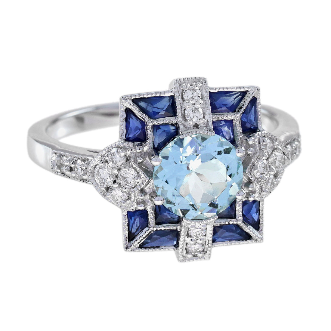 Blue Aquamarine &amp; Sapphire and Diamond Art Deco Style White Gold Ring