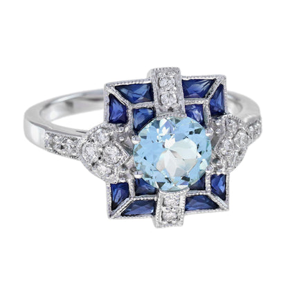 Blue Aquamarine &amp; Sapphire and Diamond Art Deco Style White Gold Ring