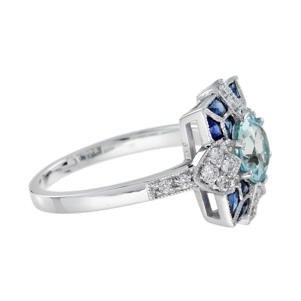 3.60 ctw Art Deco Style Blue Sapphire, Aquamarine & Diamond 14K White Gold Ring