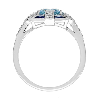Blue Aquamarine &amp; Sapphire and Diamond Art Deco Style White Gold Ring