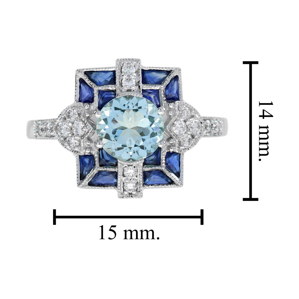 3.60 ctw Art Deco Style Blue Sapphire, Aquamarine & Diamond 14K White Gold Ring